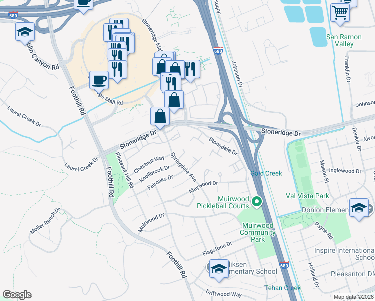 map of restaurants, bars, coffee shops, grocery stores, and more near 7539 Homewood Court in Pleasanton