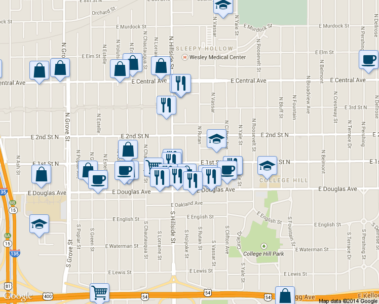 map of restaurants, bars, coffee shops, grocery stores, and more near 226 North Holyoke Street in Wichita