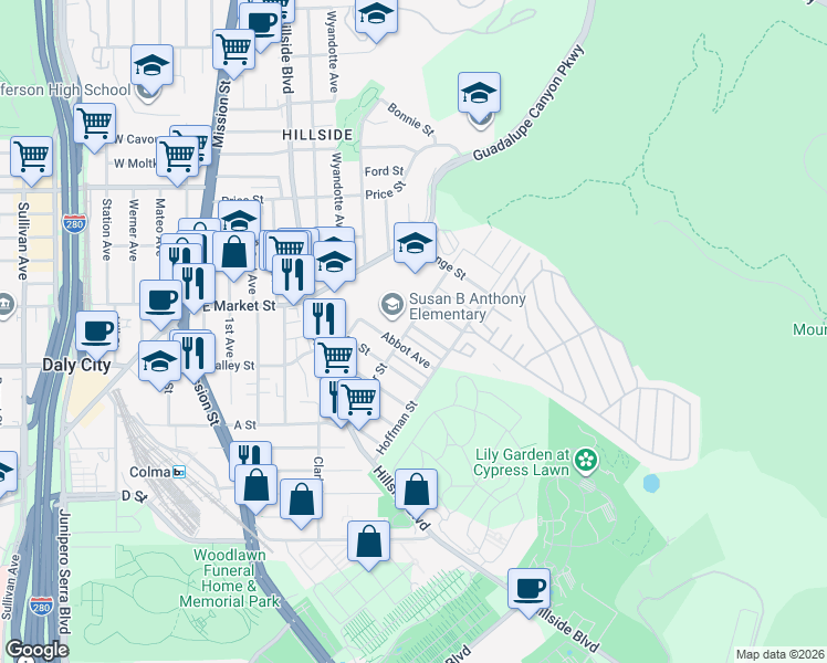 map of restaurants, bars, coffee shops, grocery stores, and more near 906 Wyandotte Avenue in Daly City