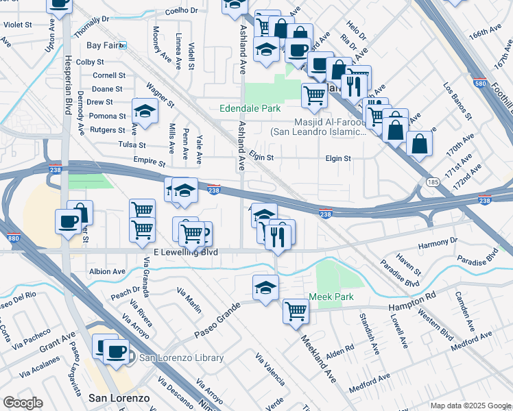 map of restaurants, bars, coffee shops, grocery stores, and more near 240 Ano Avenue in San Lorenzo