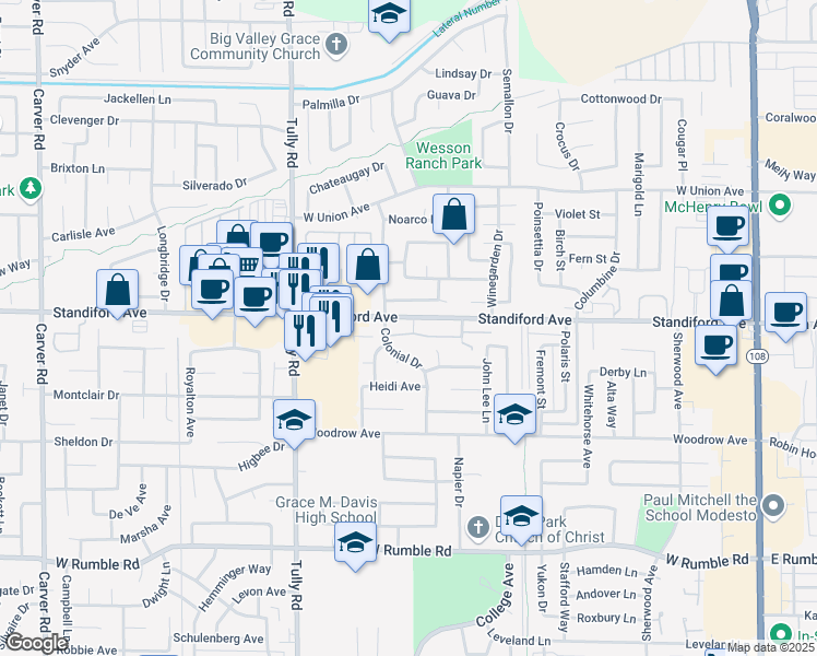 map of restaurants, bars, coffee shops, grocery stores, and more near 3409 Agua Court in Modesto