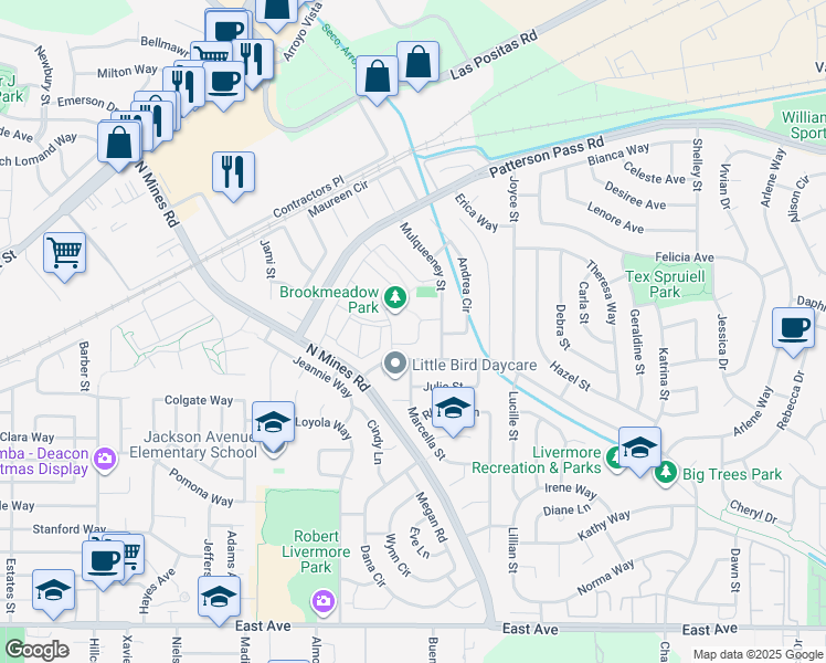 map of restaurants, bars, coffee shops, grocery stores, and more near 4814 Mulqueeney Common in Livermore