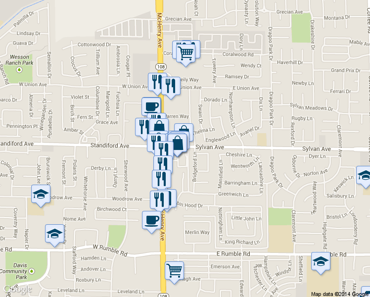 map of restaurants, bars, coffee shops, grocery stores, and more near 204 Sylvan Ave in Modesto