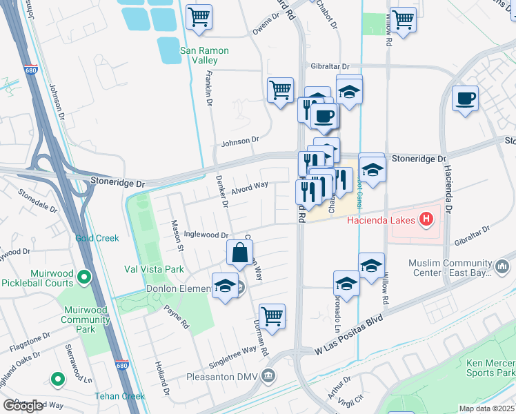 map of restaurants, bars, coffee shops, grocery stores, and more near 4462 Bacon Court in Pleasanton