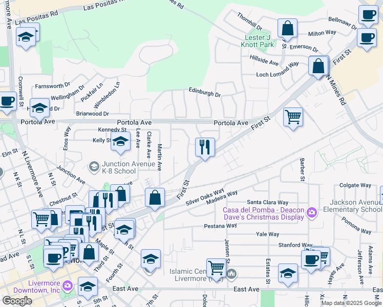 map of restaurants, bars, coffee shops, grocery stores, and more near 246 Scott Street in Livermore