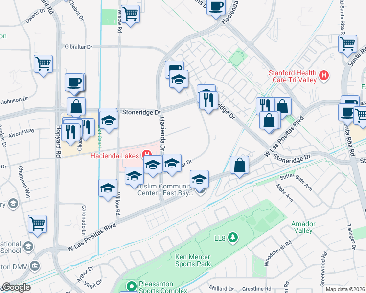 map of restaurants, bars, coffee shops, grocery stores, and more near 4225 Hacienda Drive in Pleasanton