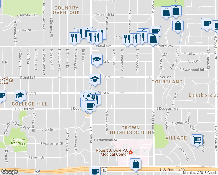 map of restaurants, bars, coffee shops, grocery stores, and more near 218 North Bleckley Drive in Wichita