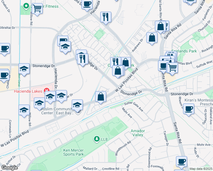 map of restaurants, bars, coffee shops, grocery stores, and more near 5725 West Las Positas Boulevard in Pleasanton
