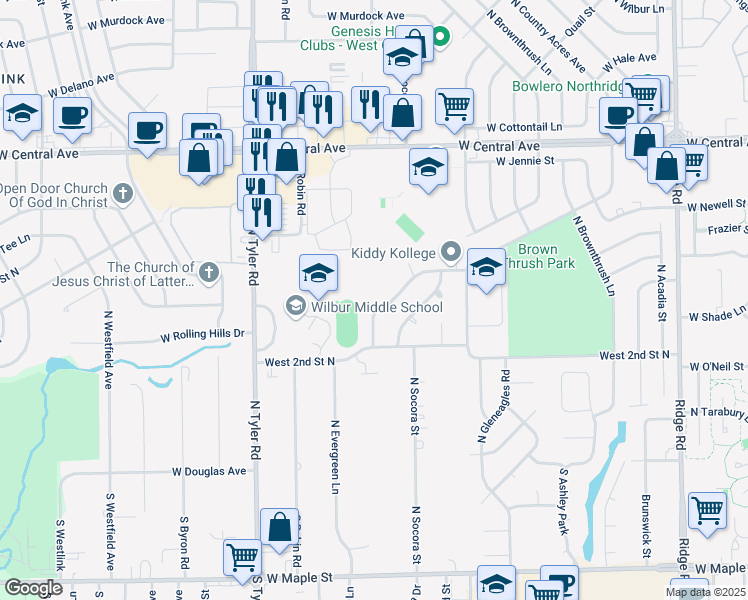 map of restaurants, bars, coffee shops, grocery stores, and more near 339 North Country Acres Avenue in Wichita