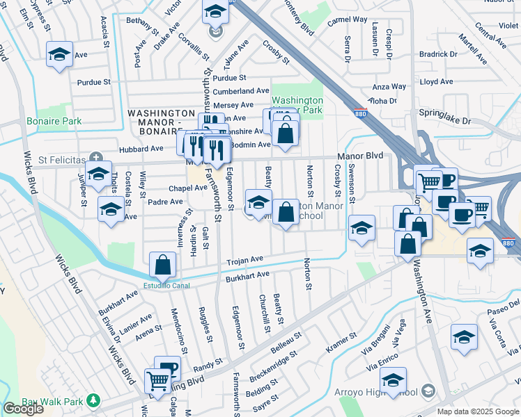 map of restaurants, bars, coffee shops, grocery stores, and more near 15114 Beatty Street in San Leandro