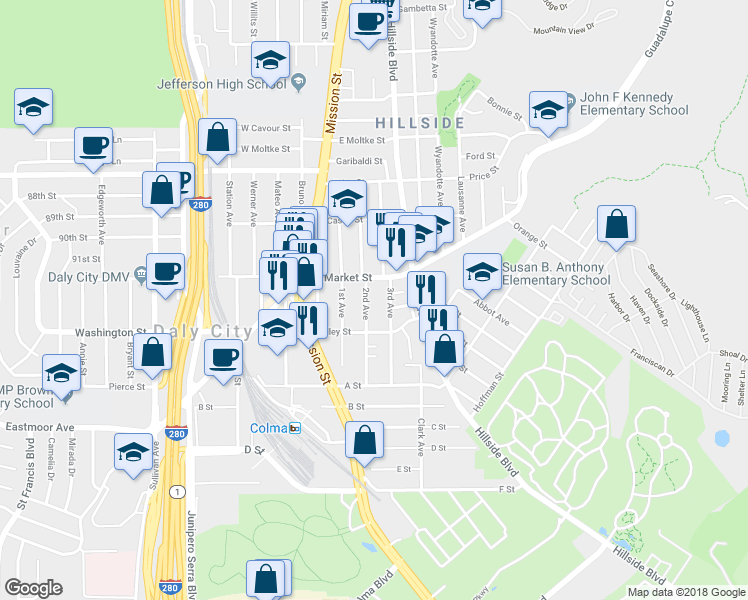 map of restaurants, bars, coffee shops, grocery stores, and more near 241 2nd Avenue in Daly City