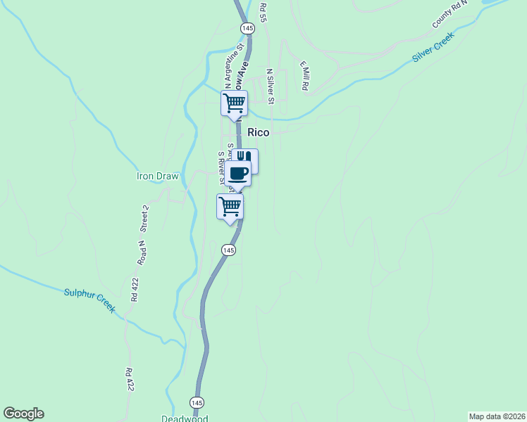 map of restaurants, bars, coffee shops, grocery stores, and more near 300-348 South Commercial Street in Rico