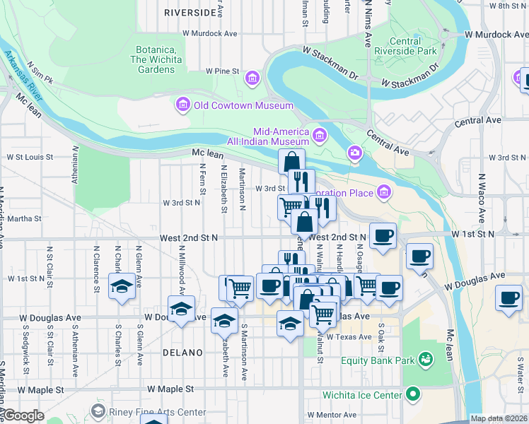 map of restaurants, bars, coffee shops, grocery stores, and more near 429 North Dodge Avenue in Wichita