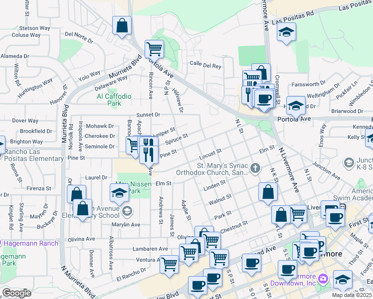 map of restaurants, bars, coffee shops, grocery stores, and more near 1625 Pine Street in Livermore