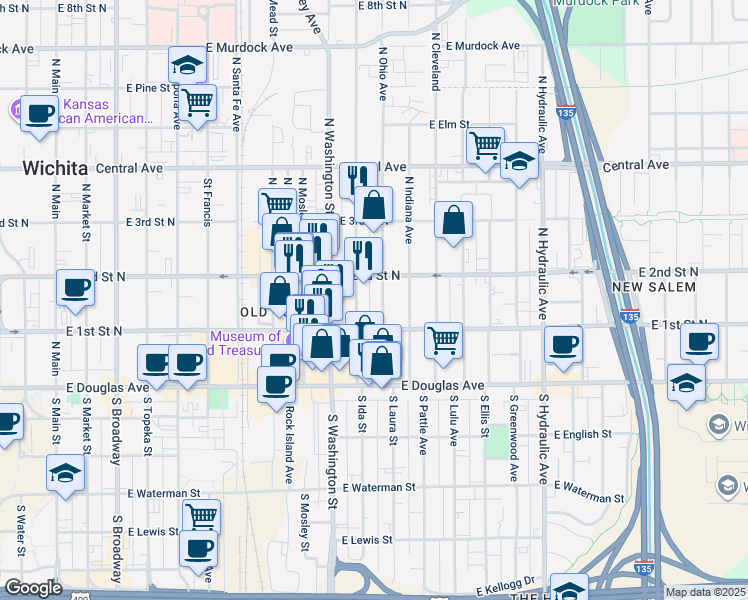 map of restaurants, bars, coffee shops, grocery stores, and more near 233 North Ohio Avenue in Wichita