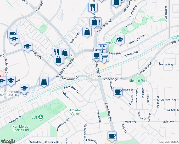 map of restaurants, bars, coffee shops, grocery stores, and more near 3039 Tonopah Circle in Pleasanton