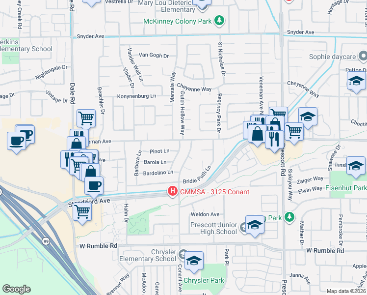 map of restaurants, bars, coffee shops, grocery stores, and more near 2501 Pinot Lane in Modesto