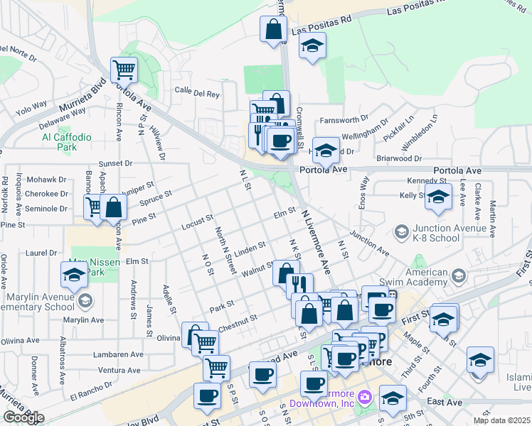 map of restaurants, bars, coffee shops, grocery stores, and more near 728 North L Street in Livermore