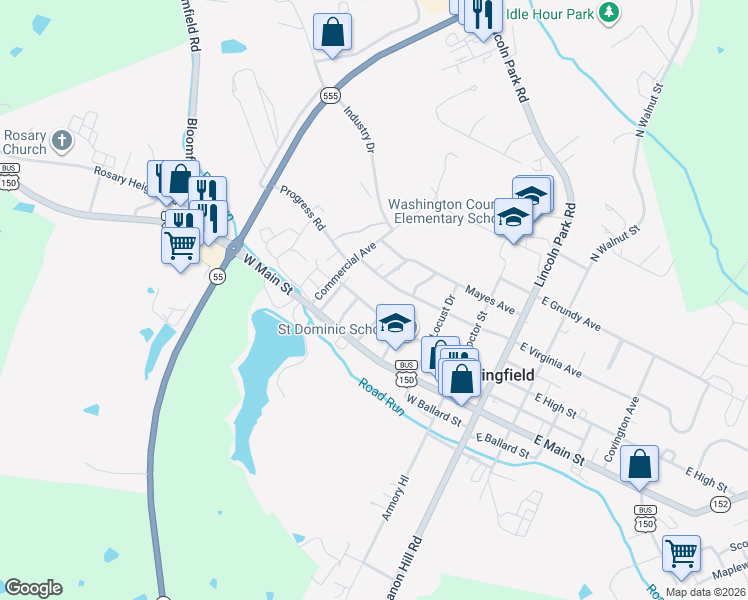 map of restaurants, bars, coffee shops, grocery stores, and more near 400-498 West High Street in Springfield