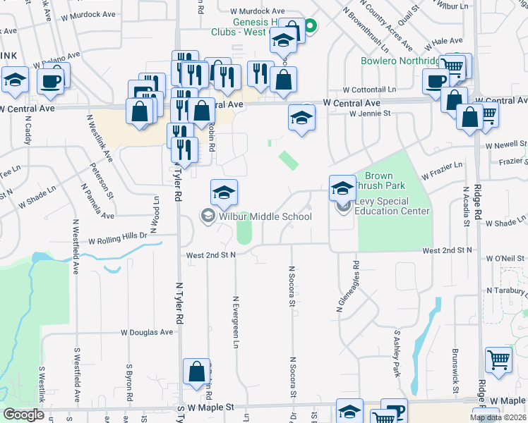map of restaurants, bars, coffee shops, grocery stores, and more near 339 North Country Acres Avenue in Wichita
