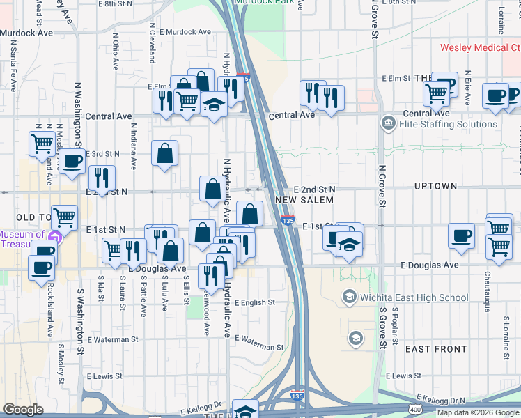 map of restaurants, bars, coffee shops, grocery stores, and more near 222 North Kansas Street in Wichita