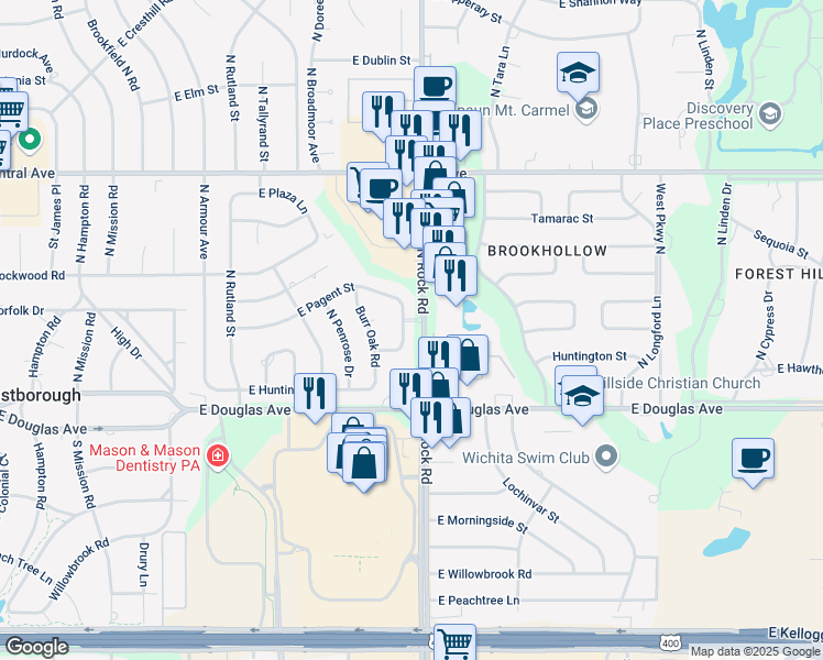 map of restaurants, bars, coffee shops, grocery stores, and more near 244 Live Oak Lane in Wichita