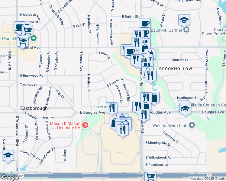 map of restaurants, bars, coffee shops, grocery stores, and more near 209 N Penrose Dr in Wichita