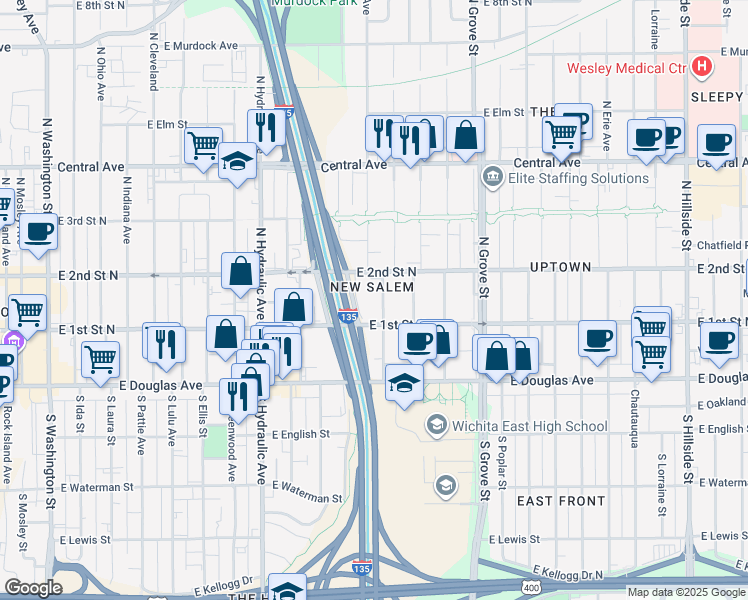 map of restaurants, bars, coffee shops, grocery stores, and more near 225 N Ash St in Wichita