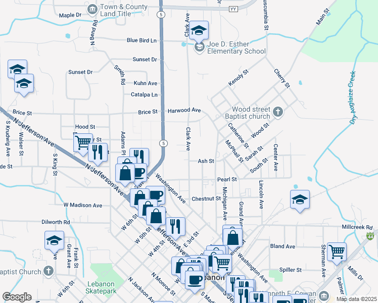 map of restaurants, bars, coffee shops, grocery stores, and more near 608 Clark Ave in Lebanon