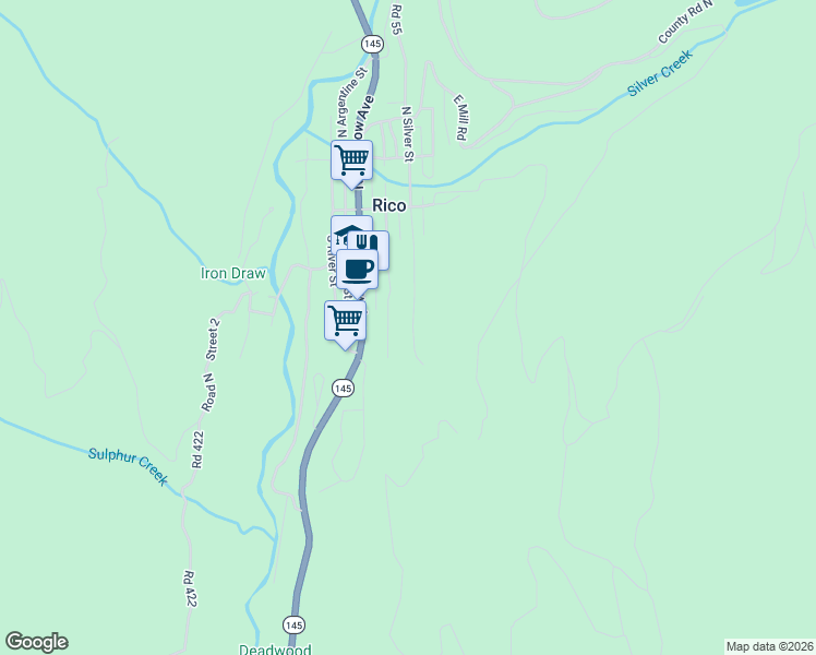 map of restaurants, bars, coffee shops, grocery stores, and more near 300-348 South Commercial Street in Rico