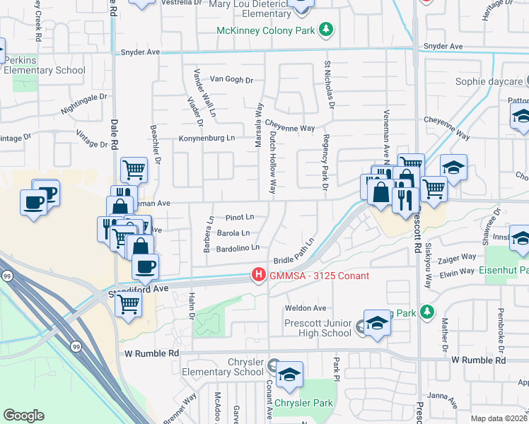 map of restaurants, bars, coffee shops, grocery stores, and more near 2501 Pinot Lane in Modesto
