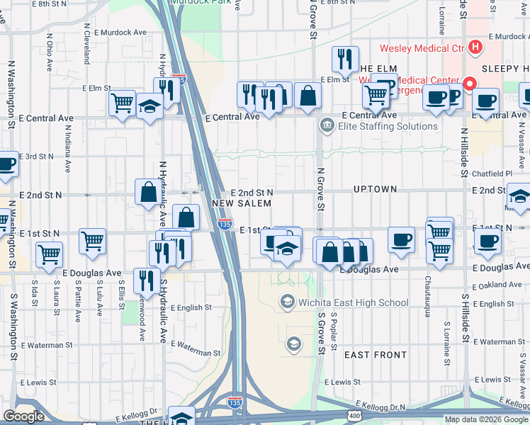 map of restaurants, bars, coffee shops, grocery stores, and more near 229 North Madison Avenue in Wichita