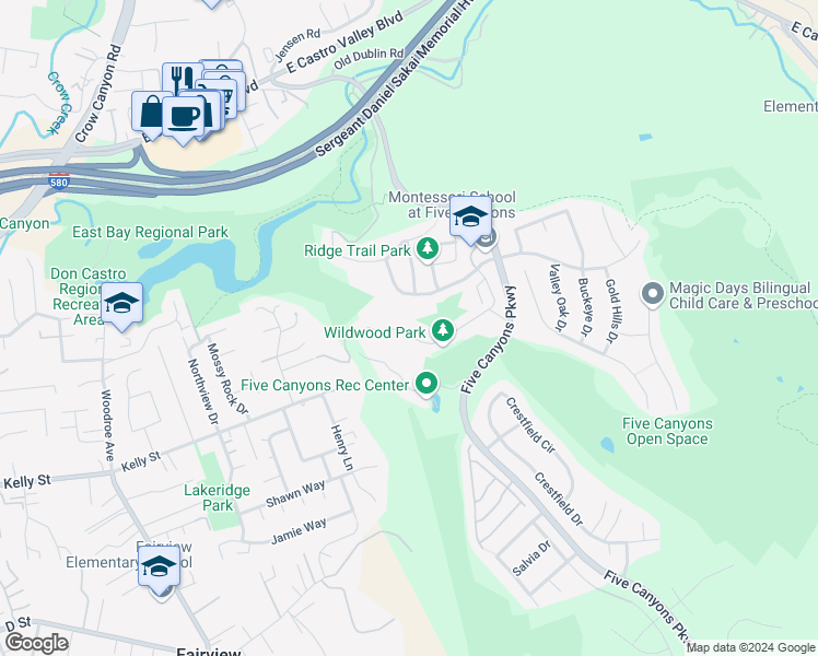 map of restaurants, bars, coffee shops, grocery stores, and more near 22670 Canyon Terrace Drive in Castro Valley