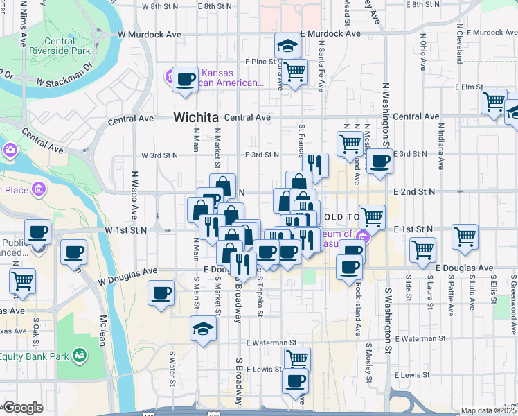 map of restaurants, bars, coffee shops, grocery stores, and more near 240 North Broadway Street in Wichita