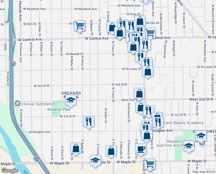 map of restaurants, bars, coffee shops, grocery stores, and more near 4433 West 3rd Street North in Wichita