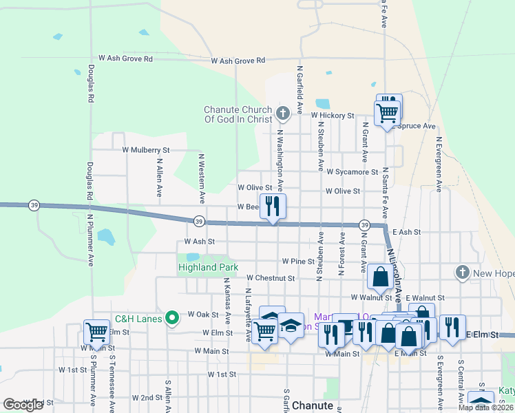 map of restaurants, bars, coffee shops, grocery stores, and more near West Beech Street in Chanute