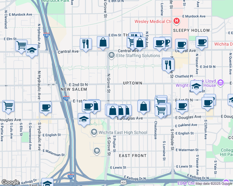 map of restaurants, bars, coffee shops, grocery stores, and more near 214 North Poplar Avenue in Wichita