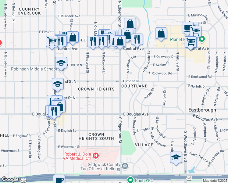 map of restaurants, bars, coffee shops, grocery stores, and more near 220 North Ridgewood Drive in Wichita