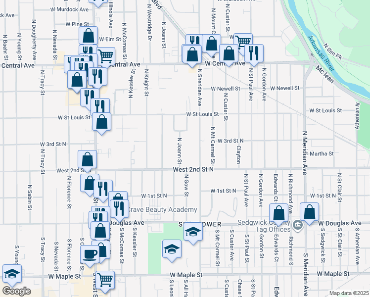 map of restaurants, bars, coffee shops, grocery stores, and more near 336 N Joann St in Wichita