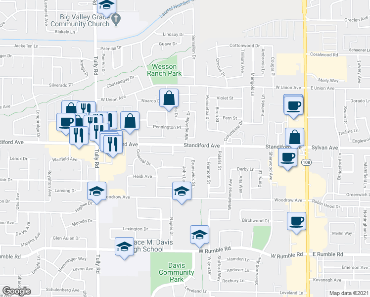 map of restaurants, bars, coffee shops, grocery stores, and more near 816 Standiford Avenue in Modesto