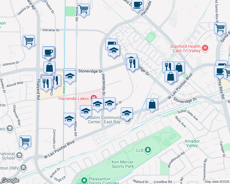 map of restaurants, bars, coffee shops, grocery stores, and more near 4225 Hacienda Drive in Pleasanton