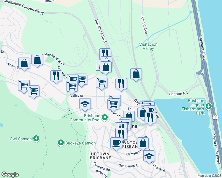 map of restaurants, bars, coffee shops, grocery stores, and more near 246 Valley Drive in Brisbane