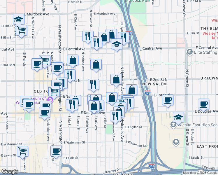 map of restaurants, bars, coffee shops, grocery stores, and more near 233 North Pennsylvania Avenue in Wichita
