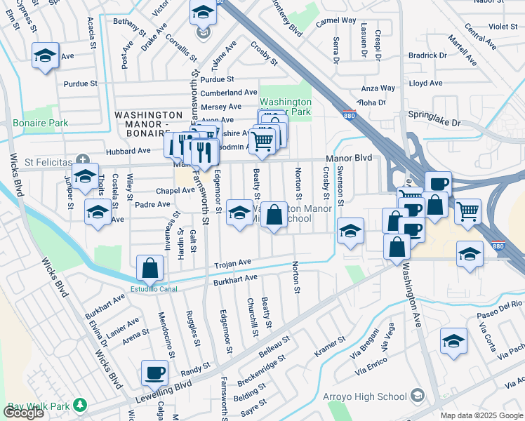 map of restaurants, bars, coffee shops, grocery stores, and more near 15114 Beatty Street in San Leandro