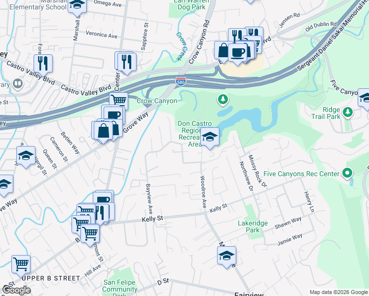 map of restaurants, bars, coffee shops, grocery stores, and more near 2932 Ralston Way in Hayward