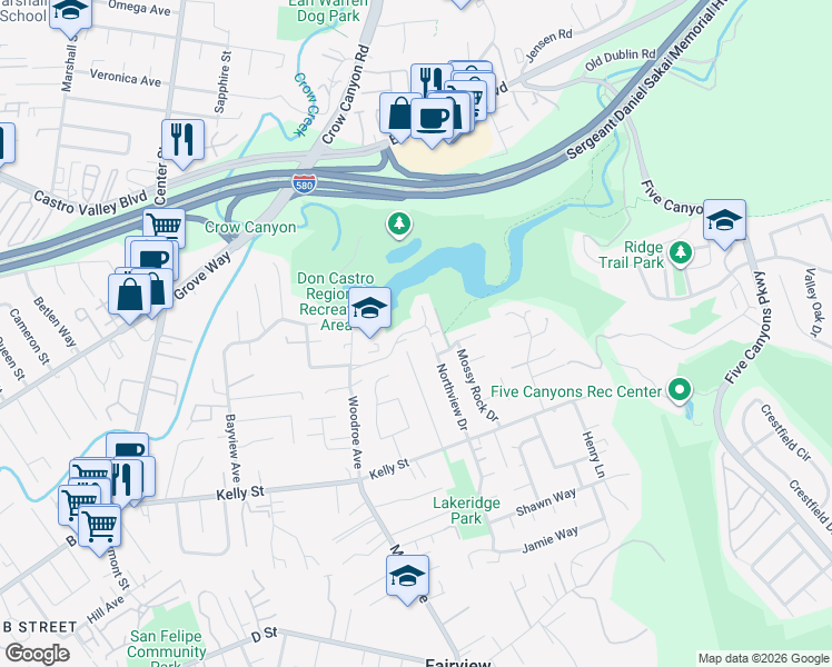 map of restaurants, bars, coffee shops, grocery stores, and more near 3241 Monika Lane in Hayward