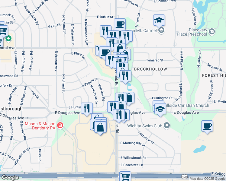 map of restaurants, bars, coffee shops, grocery stores, and more near 244 Live Oak Lane in Wichita