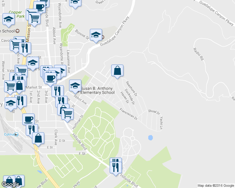 map of restaurants, bars, coffee shops, grocery stores, and more near 140 Harbor Drive in Daly City