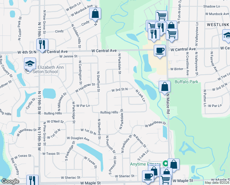 map of restaurants, bars, coffee shops, grocery stores, and more near 11023 West 3rd Street North in Wichita
