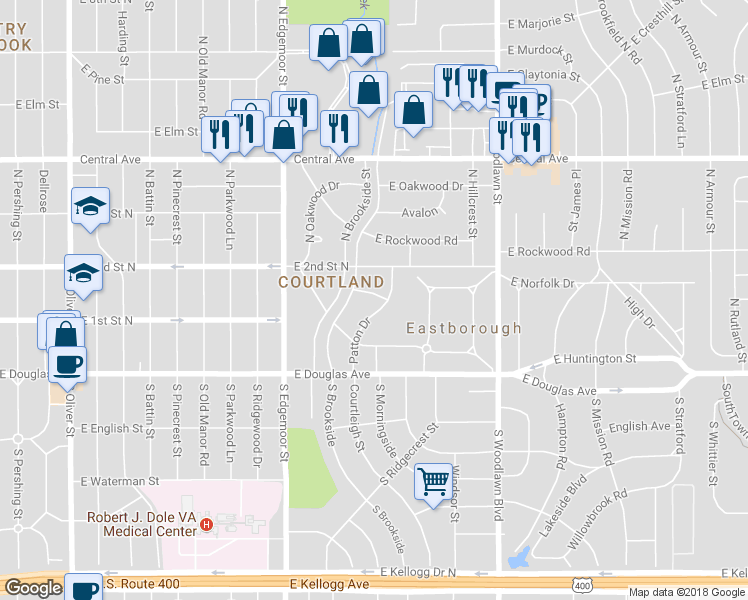 map of restaurants, bars, coffee shops, grocery stores, and more near 5827 Blueridge Street in Wichita